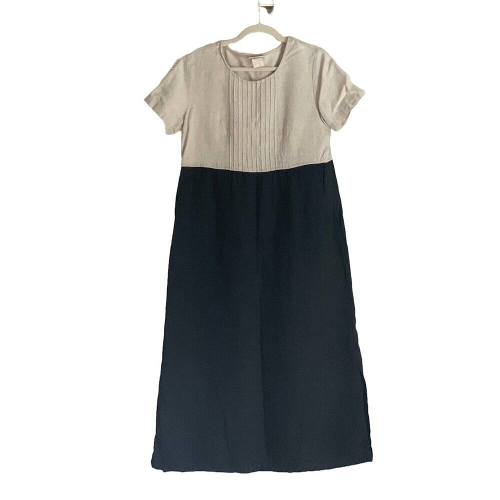 Vintage Colorblock Linen Short Sleeve Maxi Dress, Black, Tan, Size 12